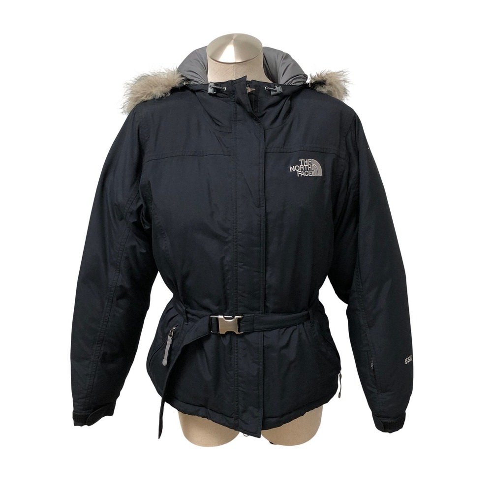 The North Face Parka Womens Medium Black 550 Down Faux Fur Hood Belted Puffer